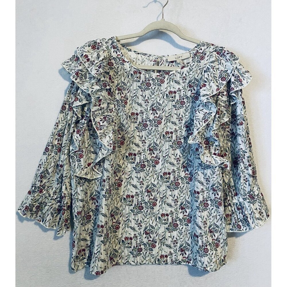 LOFT Top Womens Large Floral Ruffle Swiss Dot Prairie Cottagecore Romantic - Picture 2 of 10